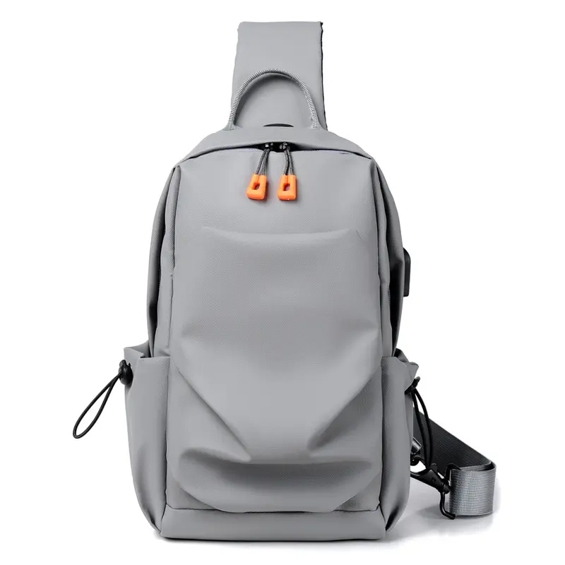 Front view with gray bag zipped and handles upright.